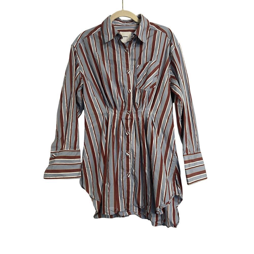 AKNVAS Blue White Striped Long Sleeve Button Down Pocket Pleated Top Sz 4
